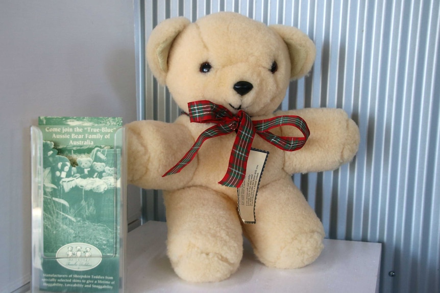 A honey coloured teddy with a ribbon around its neck