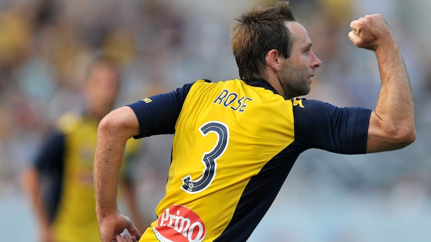 Central Coast Mariners' Joshua Rose celebrates after scoring a goal against Adelaide.