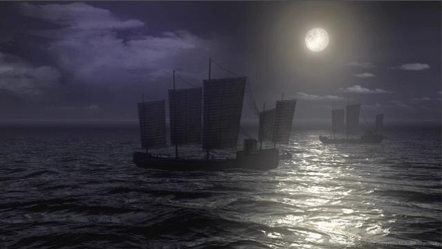 Graphic image of boats at sea under moonlight