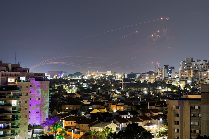 Aerial view of rockets over the city of Israel 