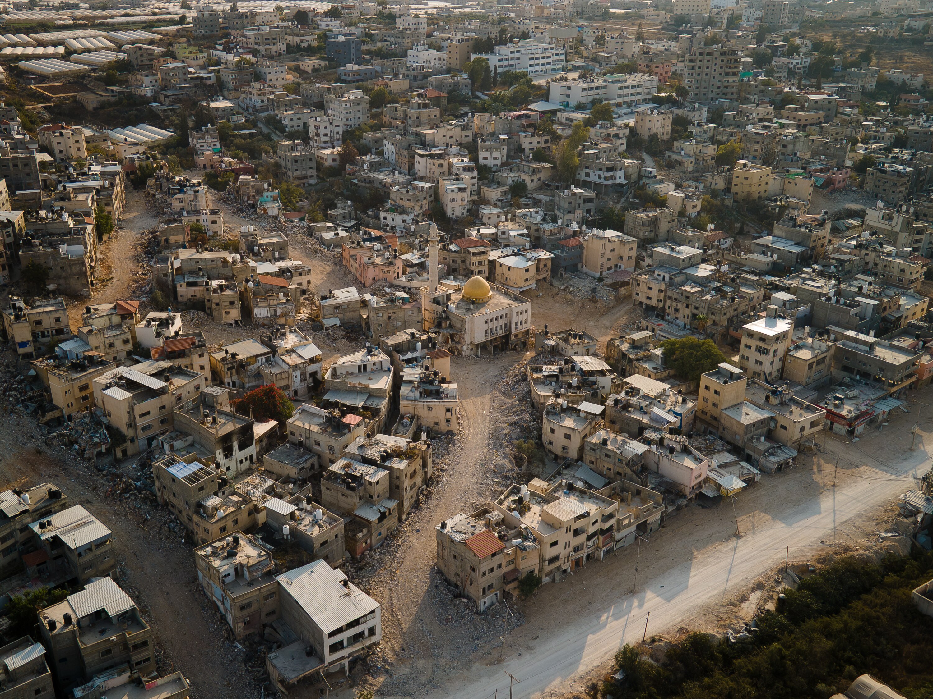 A drone view of buildings and roads in the Nur Shams camp in the West Bank.