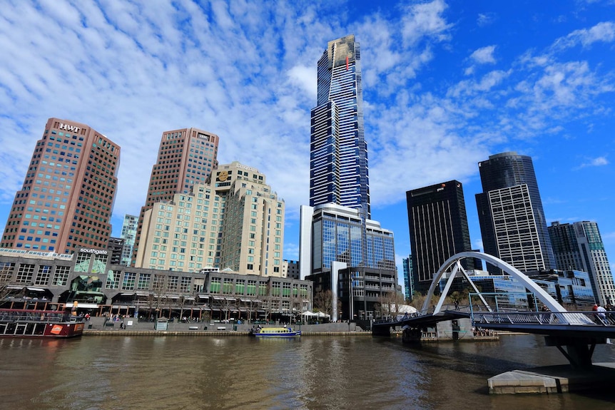 A view of the Eureka Tower in Melbourne from across the Yarra River.