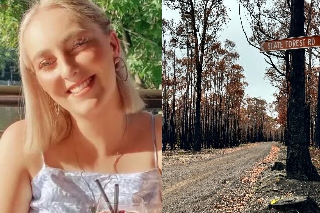 A three-panel split image showing a smiling young blonde woman, harsh bushland, and a smiling middle-aged blonde woman.