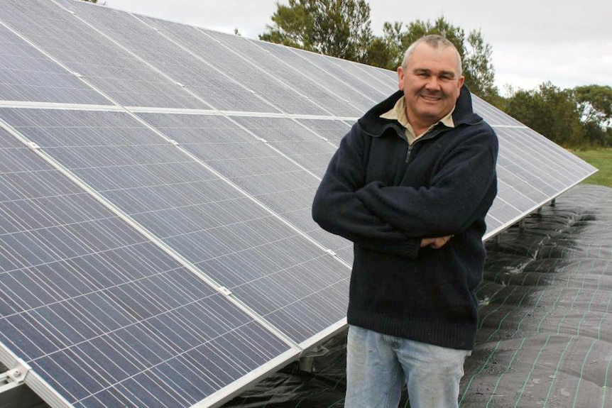 Rodney Locke stands next to a long row of solar panels.