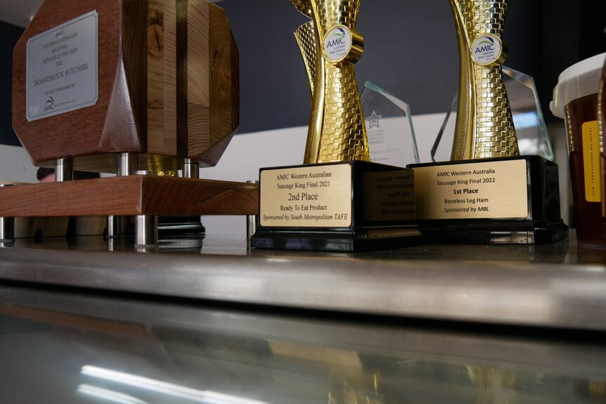 A small group of trophies sit on the shelf in a store. 