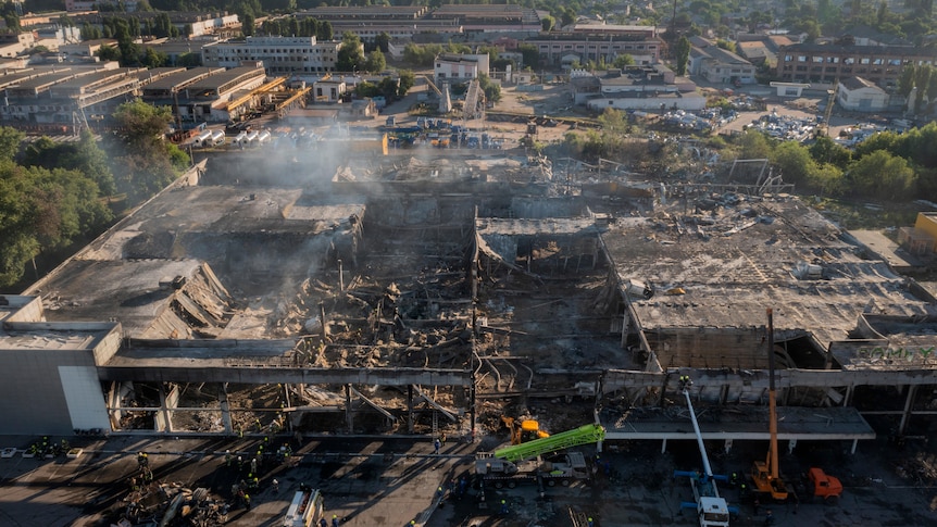 An aerial view of the destroyed shopping mall