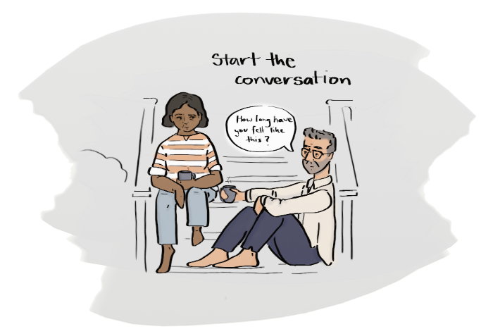 Illustration shows a man and woman sitting on steps talking.