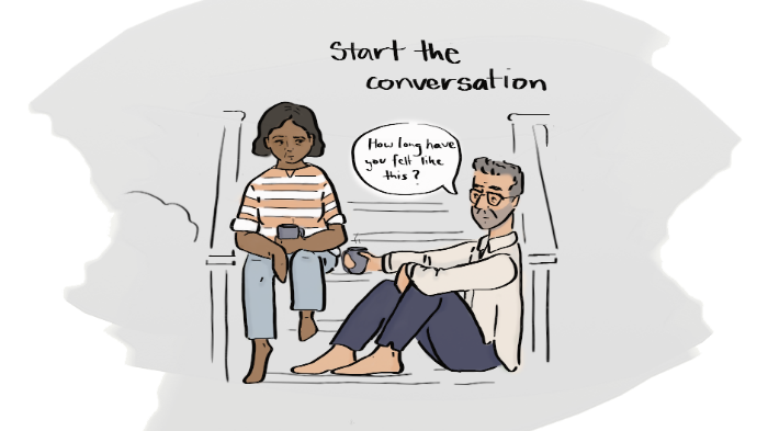 Illustration shows a man and woman sitting on steps talking.