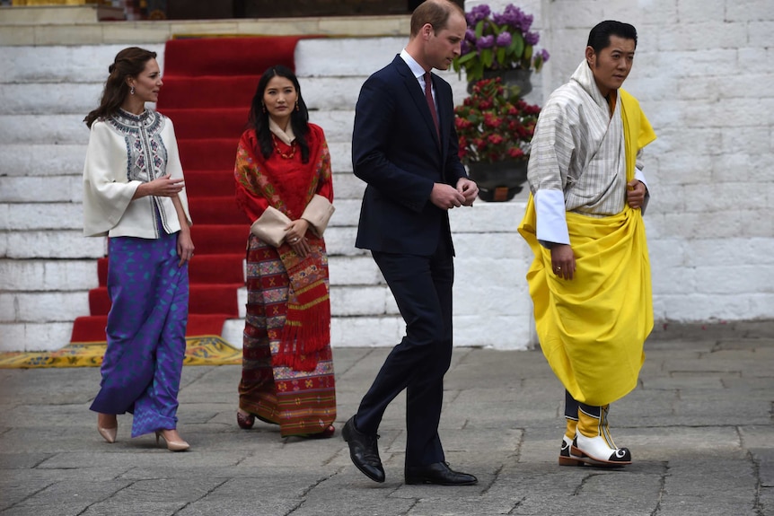 Prince William and Duchess Catherine walk alongside the Bhutanese royal couple.