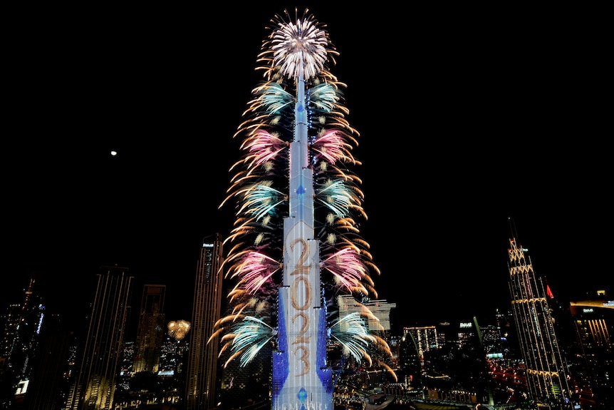 Fireworks explode from the Burj Khalifa, the world's tallest building.