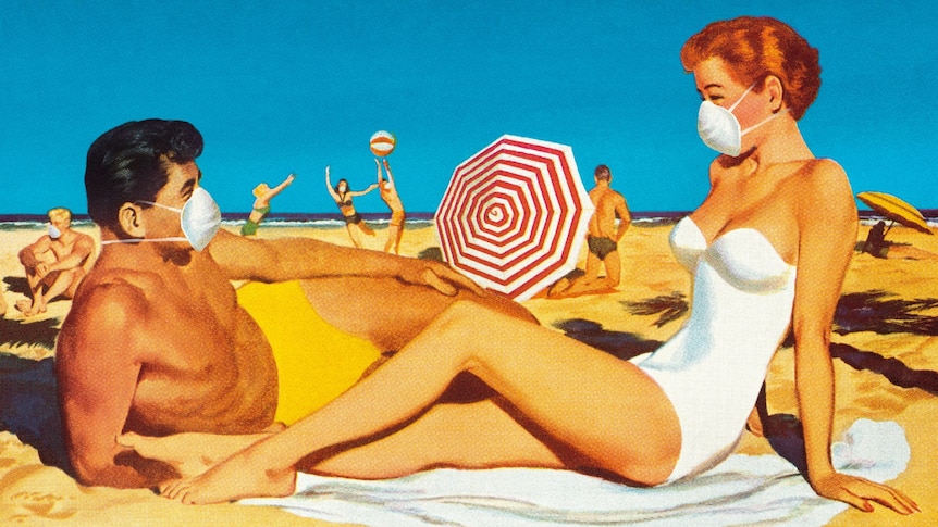 An illustration of people at the beach wearing face masks