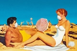 An illustration of people at the beach wearing face masks