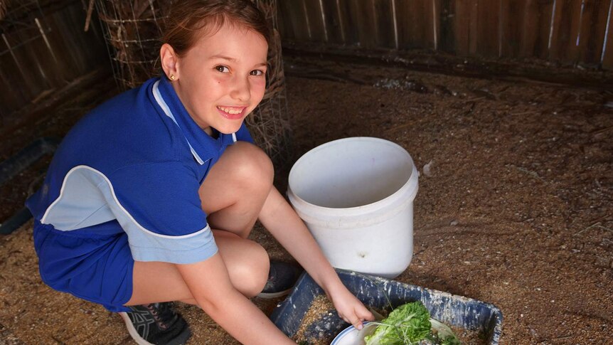Young female student is placing lettuce leaves in a bowl