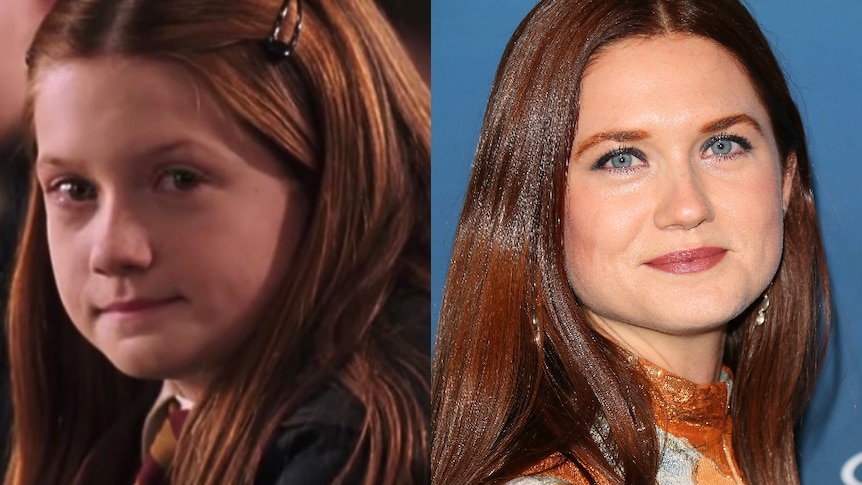 Actor Bonnie Wright playing Ginny Weasley (left) and in 2019.