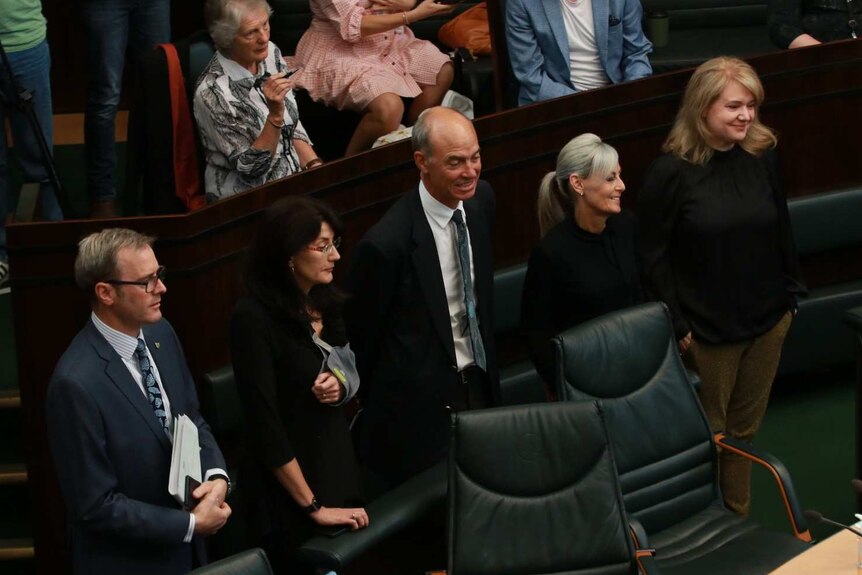 A row of MPs looks across the room in parliament. They are generally happy