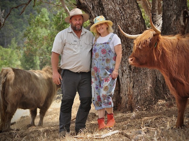 A man and a woman, standing side-by-side in a paddock with two highland cows next to them