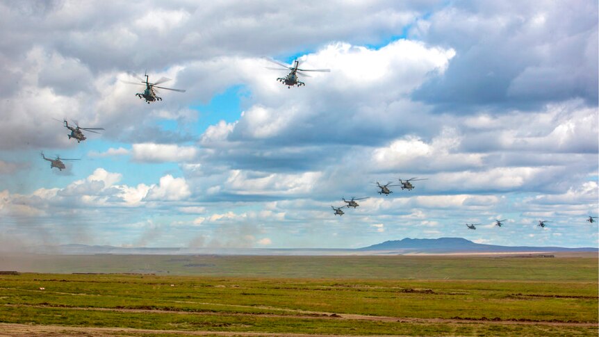 A dozen helicopters flying above a flat green landscape with a mountain and cloudy skies in the background
