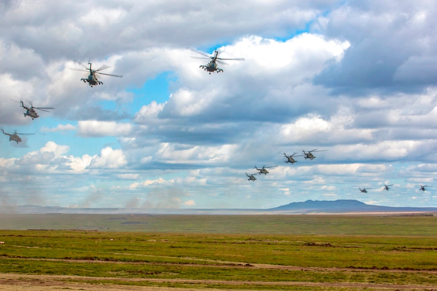 A dozen helicopters flying above a flat green landscape with a mountain and cloudy skies in the background