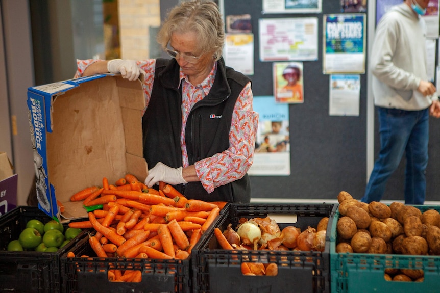 A woman pours carrots from a cardboard box into a plastic tub. 