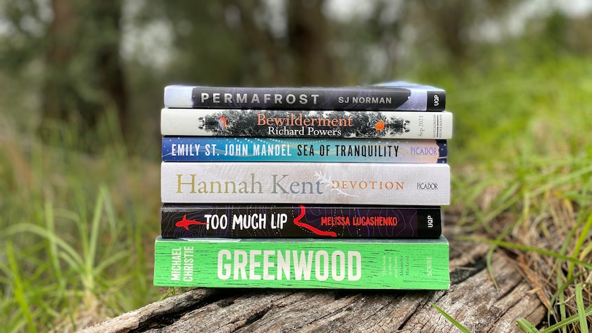 Stack of books balancing on log in Kings Park, Perth: