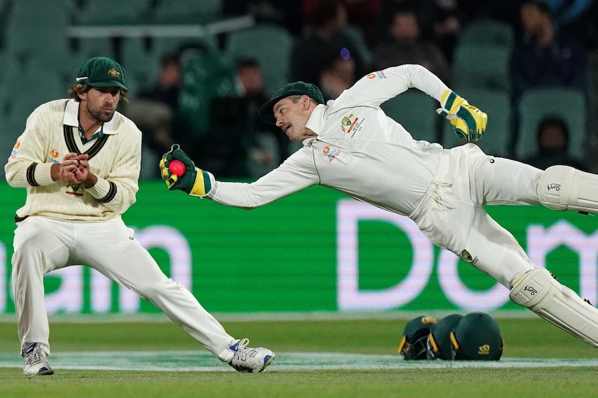 Tim Paine dives full stretch in front of Joe Burns to take a one-handed catch