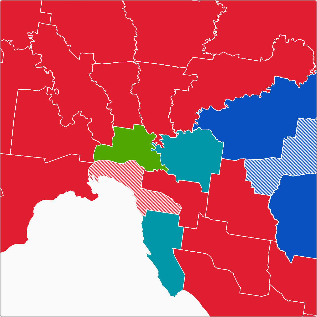 A map of Melbourne showing the result of the 2022 election.