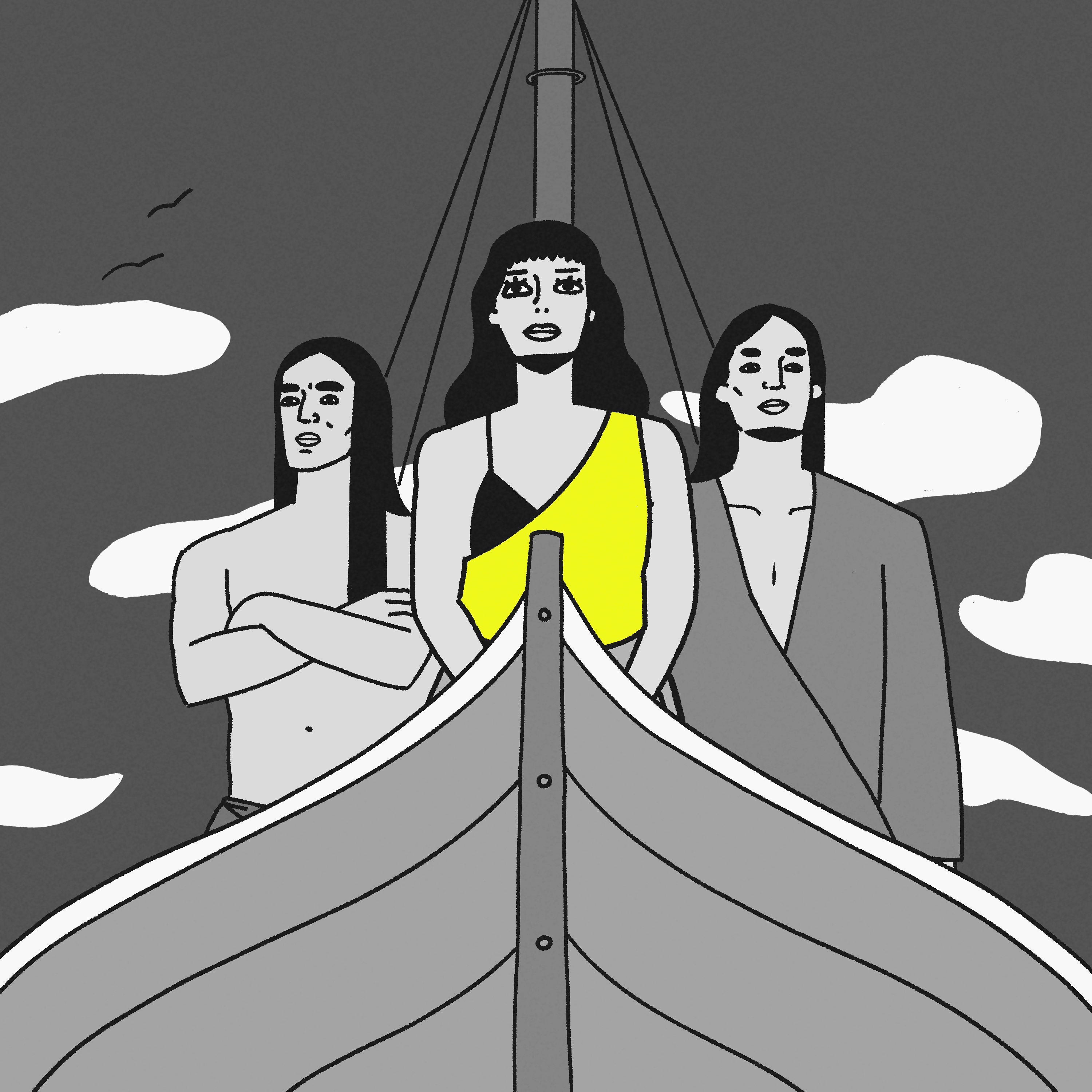 A black, grey, white and yellow illustration of woman with long black hair standing at front of a ship, with two men behind her.
