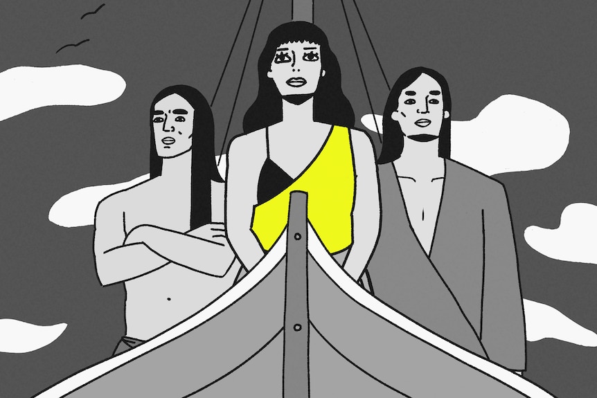 A black, grey, white and yellow illustration of woman with long black hair standing at front of a ship, with two men behind her.