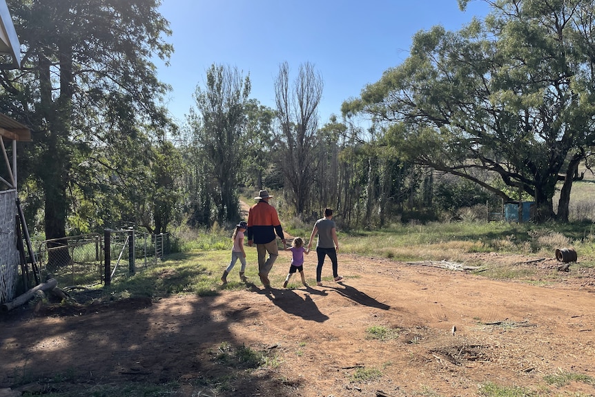 Two adults and two children hold hands and walk towards bushland.