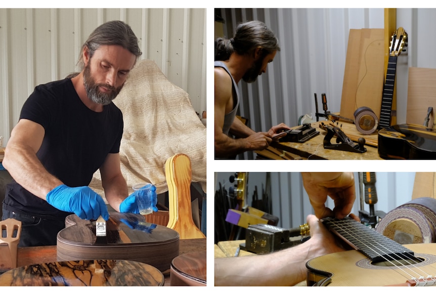 Three pictures of Damon in a workshop making the guitar