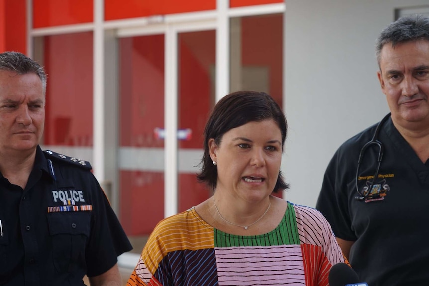 Natasha Fyles speaks at a press conference outside Royal Darwin Hospital.