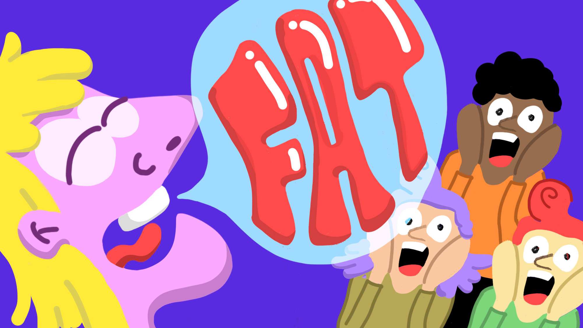 Illustration of a person saying (via speech bubble) 'FAT', to the shock of listeners, for a story about unpacking the word 'fat'