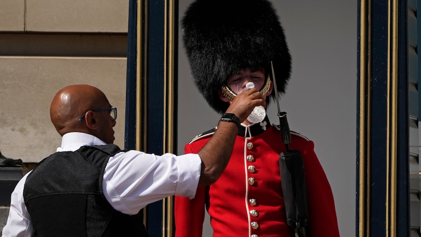 A police officer givers water to a British soldier wearing a traditional bearskin hat, on guard duty outside Buckingham Palace