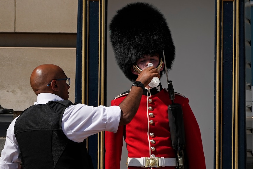 A police officer givers water to a British soldier wearing a traditional bearskin hat, on guard duty outside Buckingham Palace