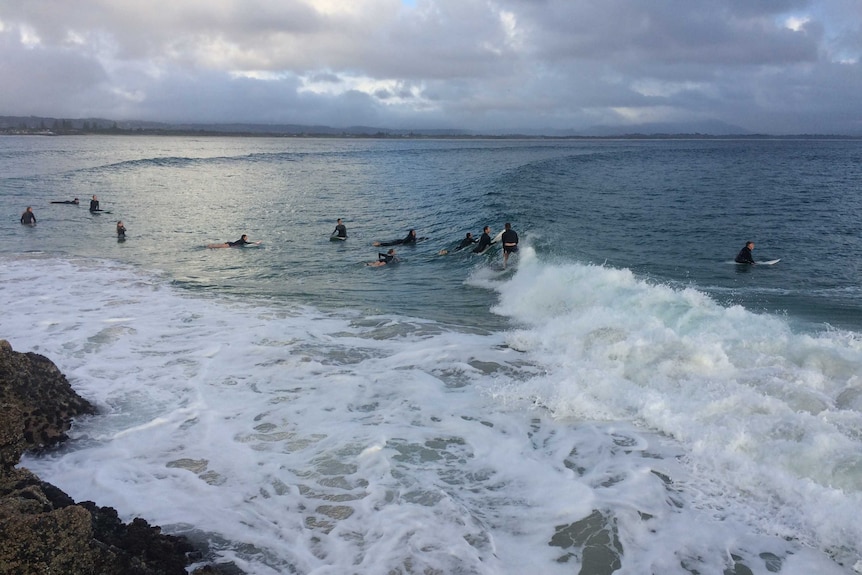 Surfers jostle for position at The Pass in Byron Bay.