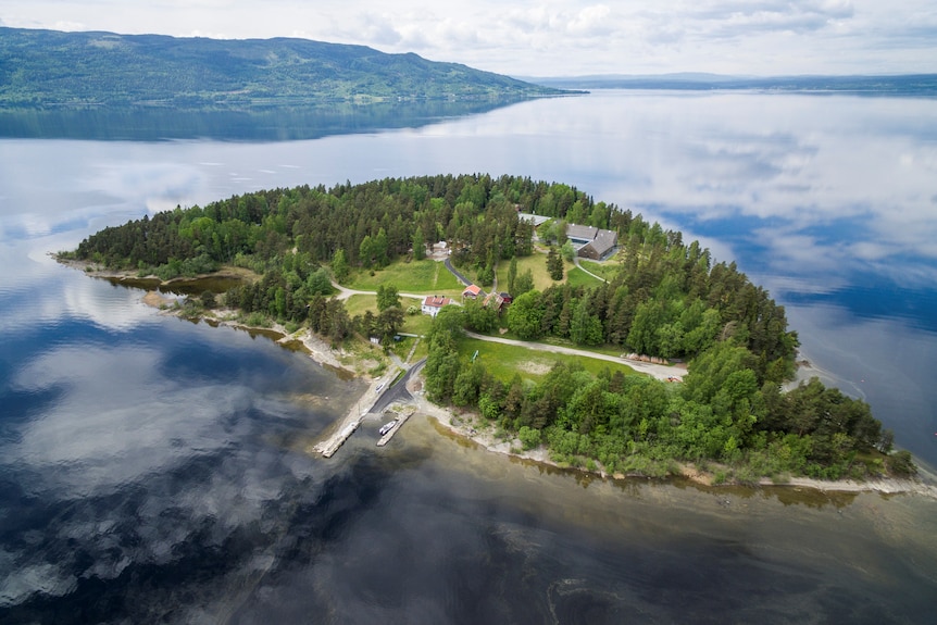 An aerial view of a small island with trees, buildings and roads surrounded by water.