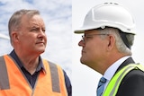 Side by side photos of Anthony Albanese in an orange vest and Scott Morrison in a yellow vest and hard hat