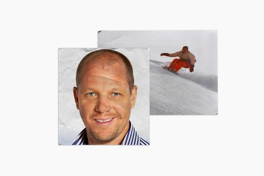 A collage of two pictures. A smiling man in a close-up photo, and a man snowboarding.