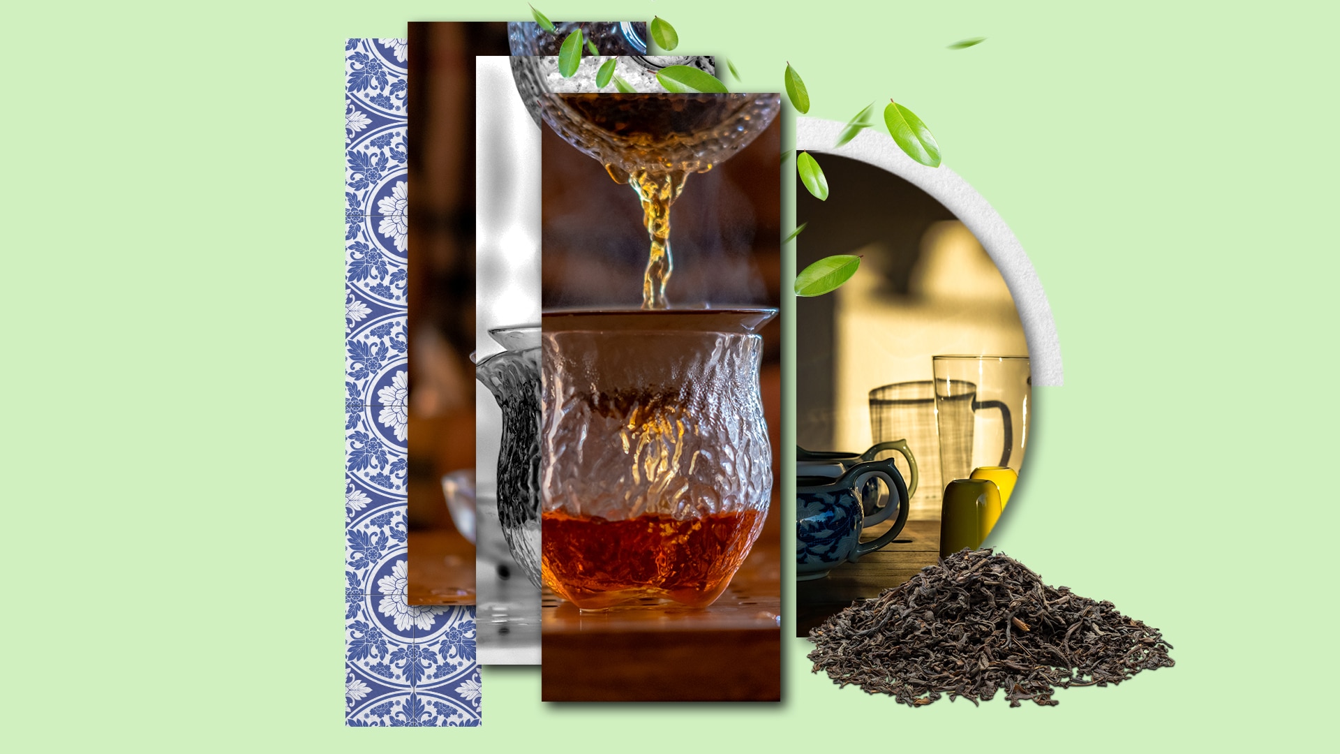 An edited image of tea being poured with a green background.