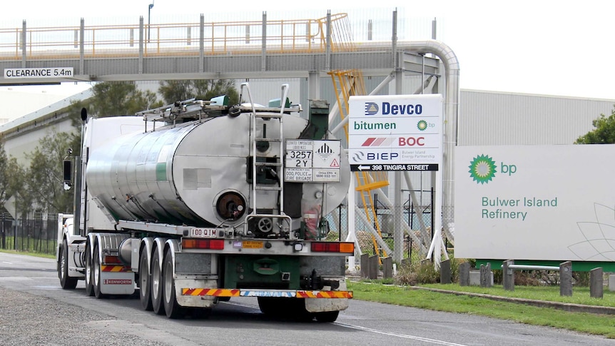 A truck drives into the BP Bulwer Island refinery at Pinkenba in Brisbane.
