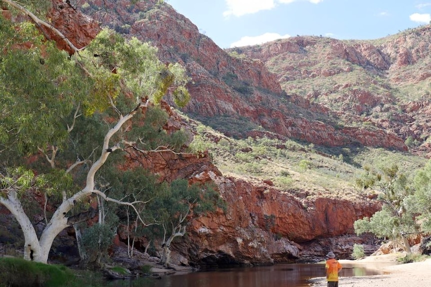 A man takes a break by the water while walking the Larapinta Trail in the NT