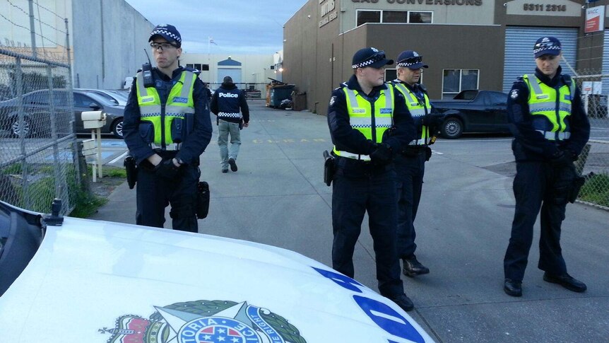Victoria Police in Sunshine, as part of a series of raids targeting the Rebels bikie gang.