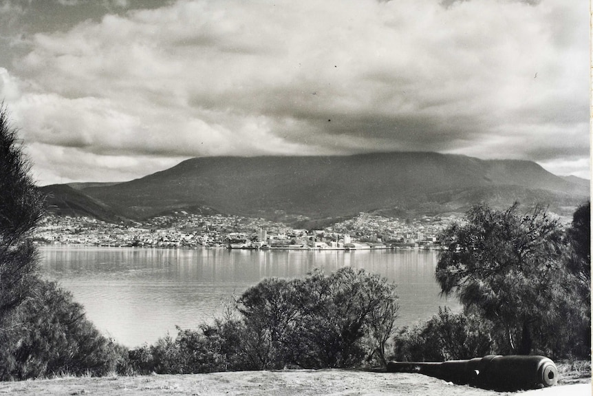 Black and white photo of Hobart Waterfront from Kangaroo Bluff including Sandy Bay, Battery Point, Mount Wellington.