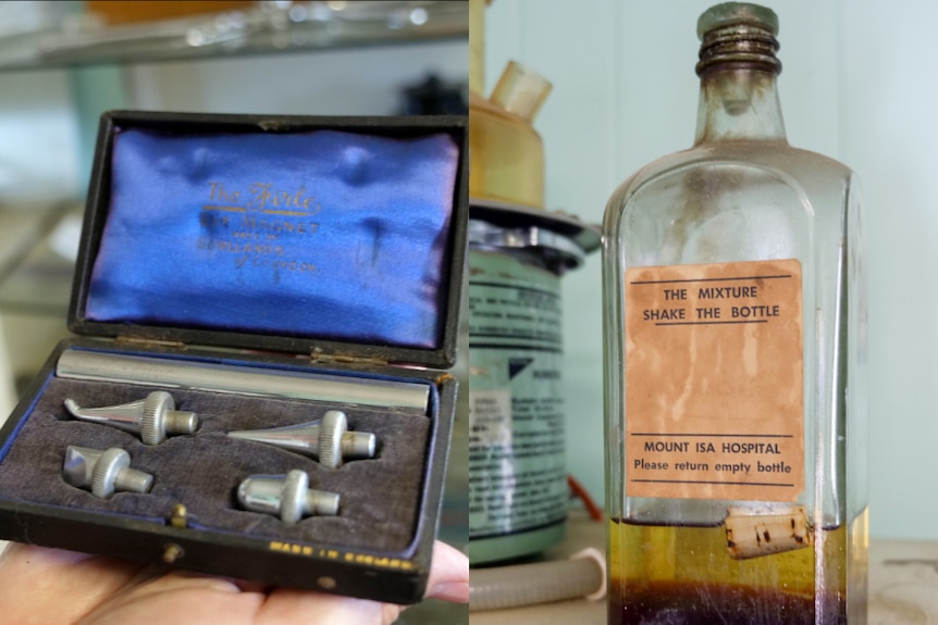 A composite image of two medical items - one is ear magnets, the other is an aged liquid bottle.