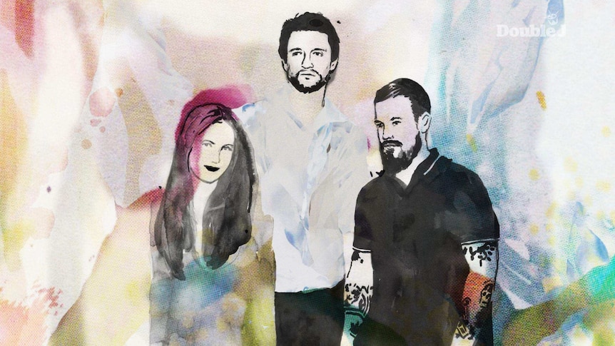 An illustration of Something For Kate on a multicoloured pastel background. Stephanie Ashworth, Paul Dempsey, Clint Hyndman