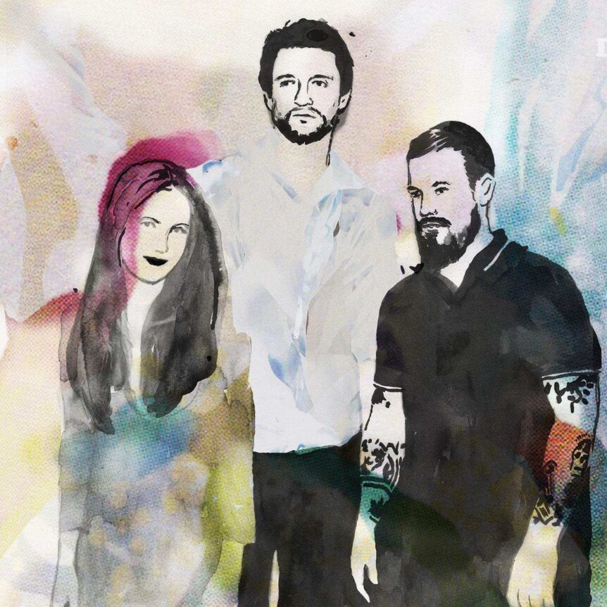 An illustration of Something For Kate on a multicoloured pastel background. Stephanie Ashworth, Paul Dempsey, Clint Hyndman