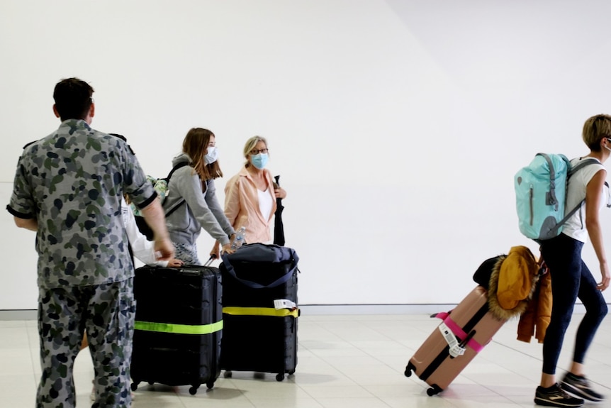 A group of passengers with suitcases and masks stand near a border official.