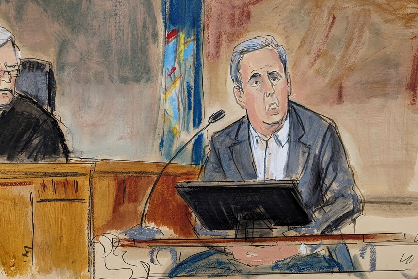courtroom sketch of a man sitting next to a judge in a witness stand  