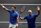 Rafael Nadal and Roger Federer of Team Europe react to their doubles win at the Laver Cup.