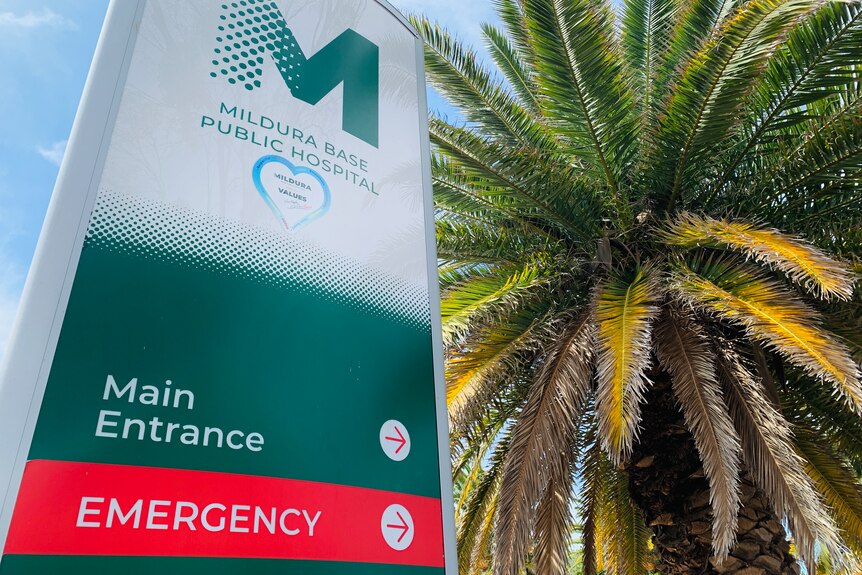 A sign reads 'Mildura Base Public Hospital', beside a palm tree.